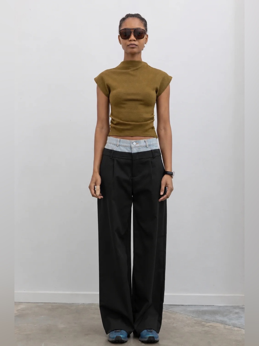 Black Denim Waistband Layered Trouser